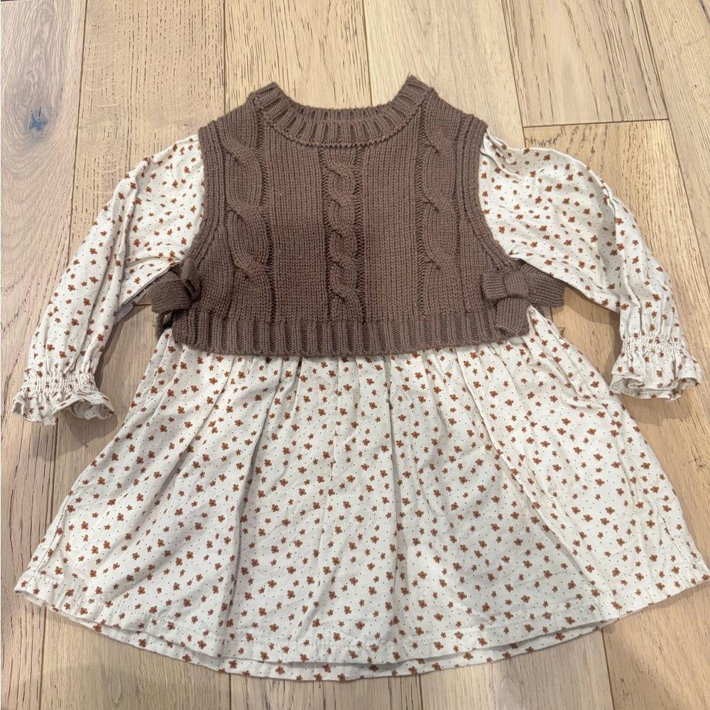 Zara Brown Knit Vest with Cream Floral Dress